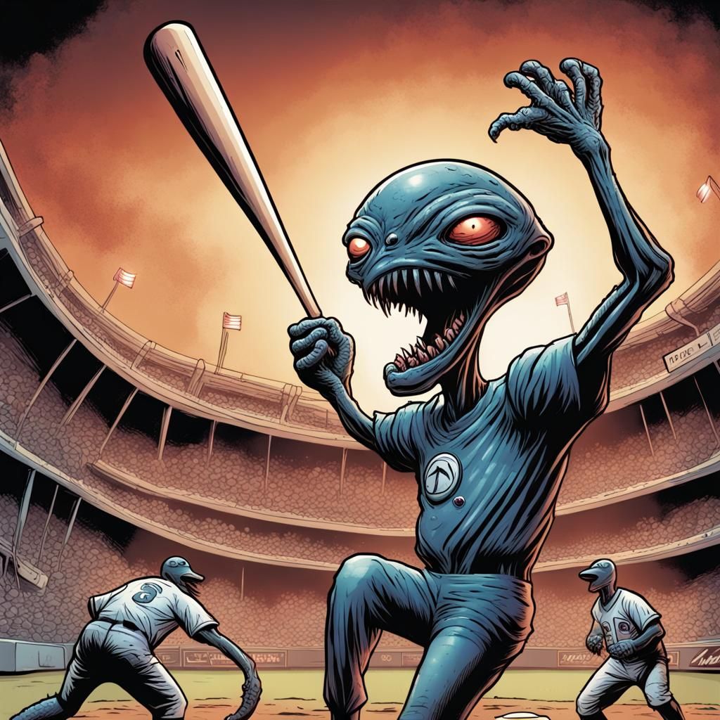 Four-Armed Alien Pitches in Comic Book Style