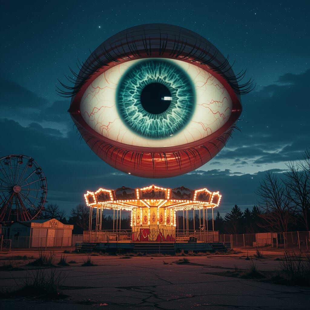 Giant Eyeball Over Deserted Carnival in Dreamlike Horror