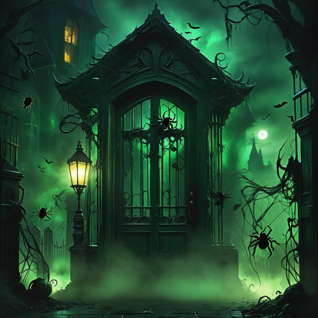 Haunted House with Eerie Creatures in Dark Fantasy Art