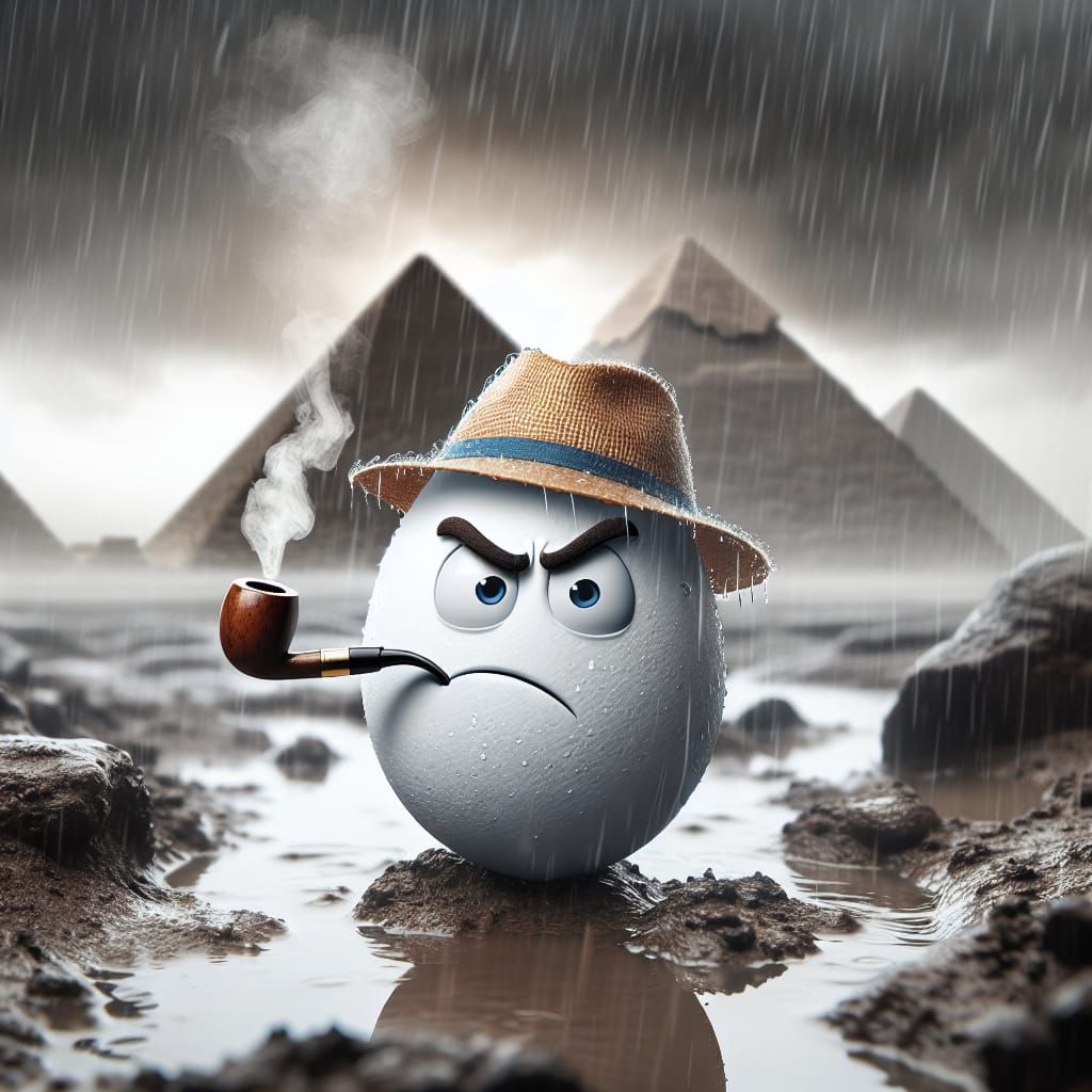 Angry Egg Smokes Pipe in Rainy Egyptian Scene