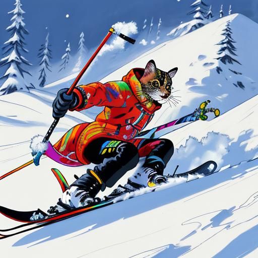 Anthropomorphic Cat Skier in Colorful Maximalist Painting