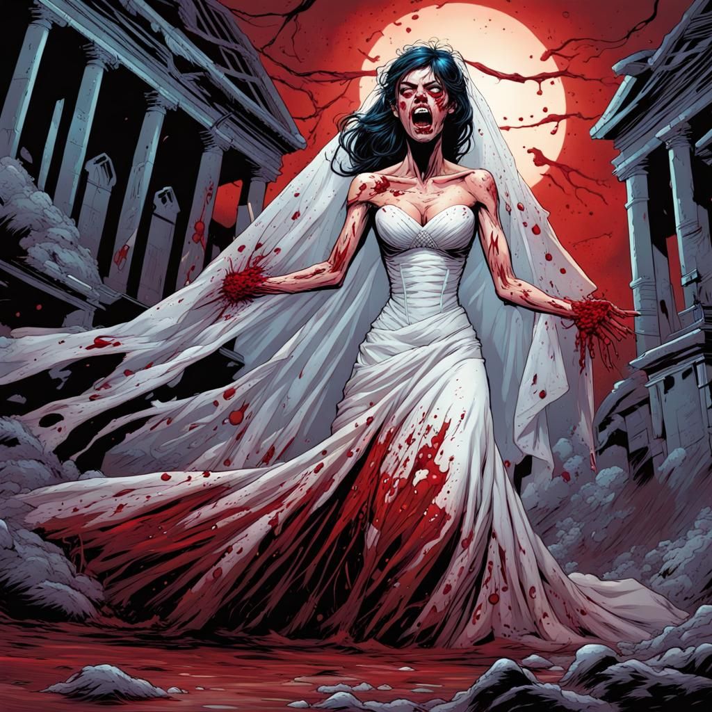 Blood-Covered Bride in Comic Book Style