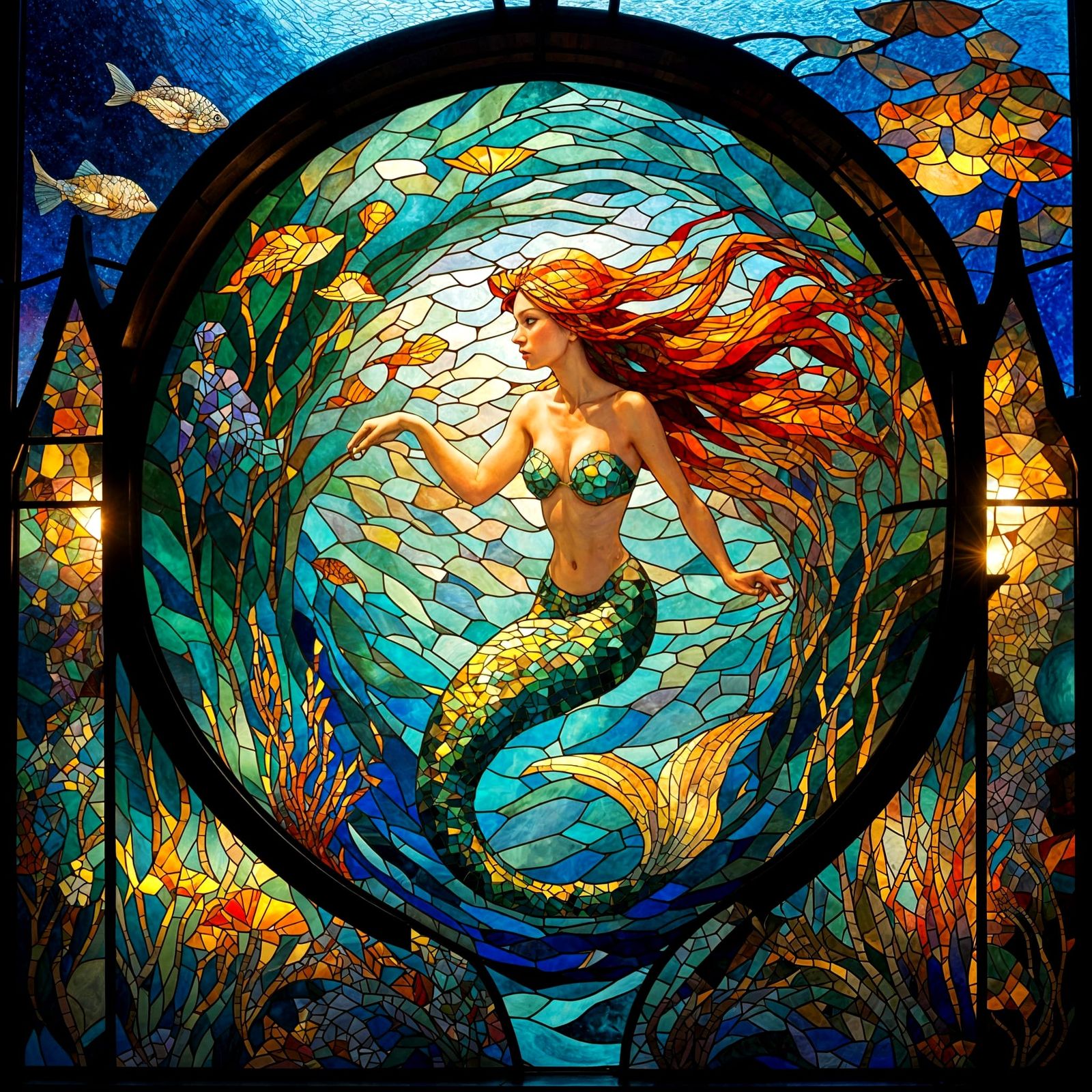 Stained Glass Mosaic Mermaid Under the Sea