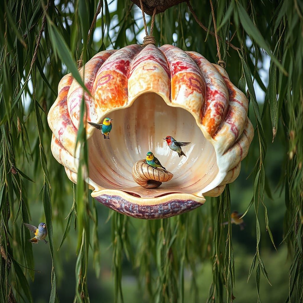 Dreamlike Clam Shell Birdhouse in Weeping Willow