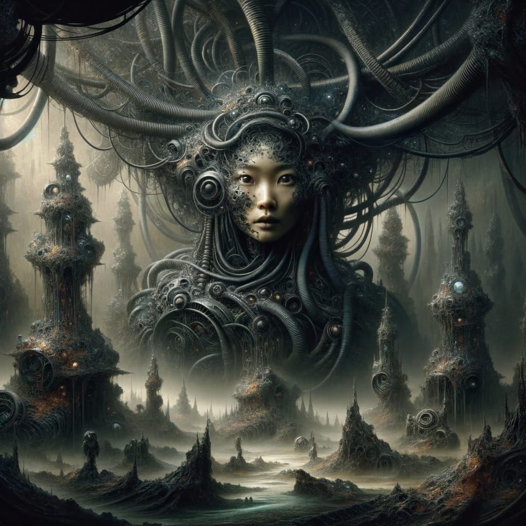 Haunting Sci-Fi Portrait of Woman Merged with Machinery