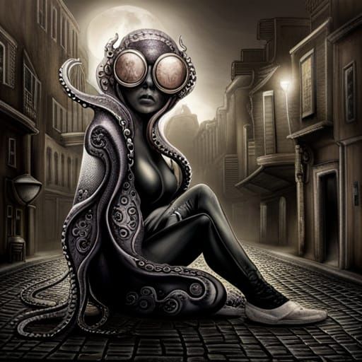 Octopus with Goggles in Back Alley, Eldritch Style