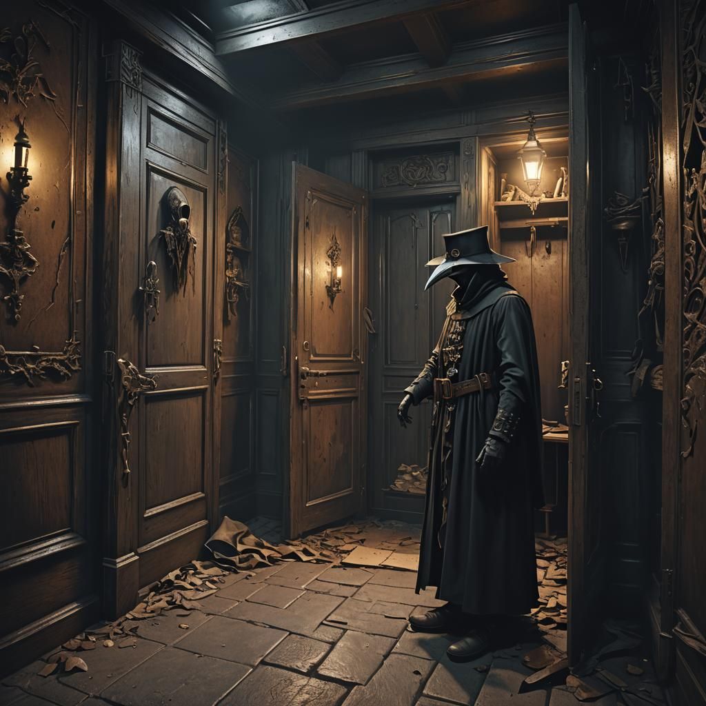 Plague Doctor Watching From Dark Closet, Detailed Matte Pain...