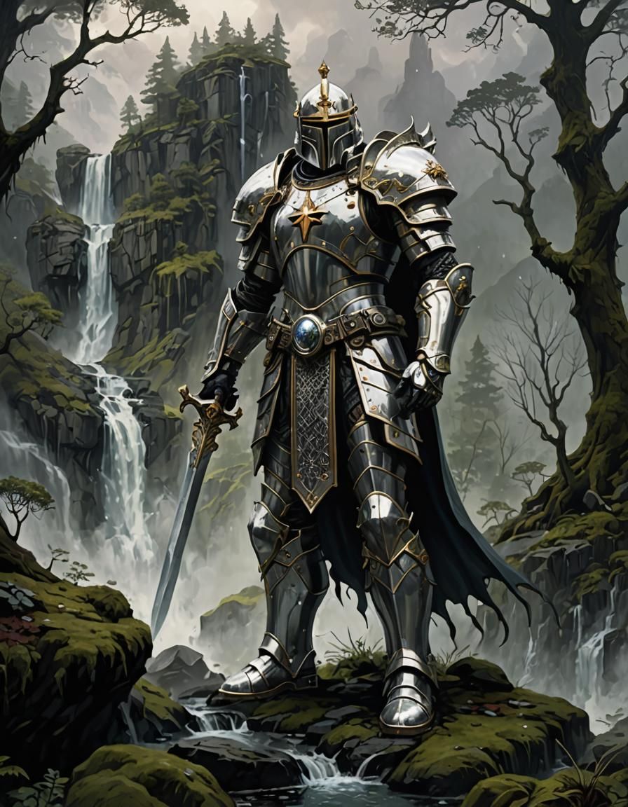 Heroic Paladin in Pearl Armor, Fantasy Dreamscape
