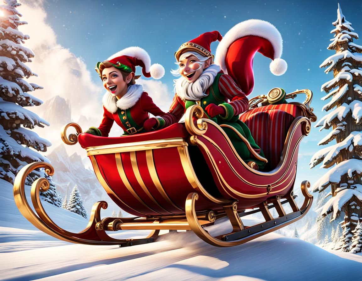 Christmas Elves Sleigh Ride in Winter Wonderland
