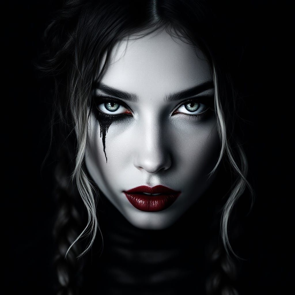 Gothic Woman Portrait with Braids and Dark Makeup