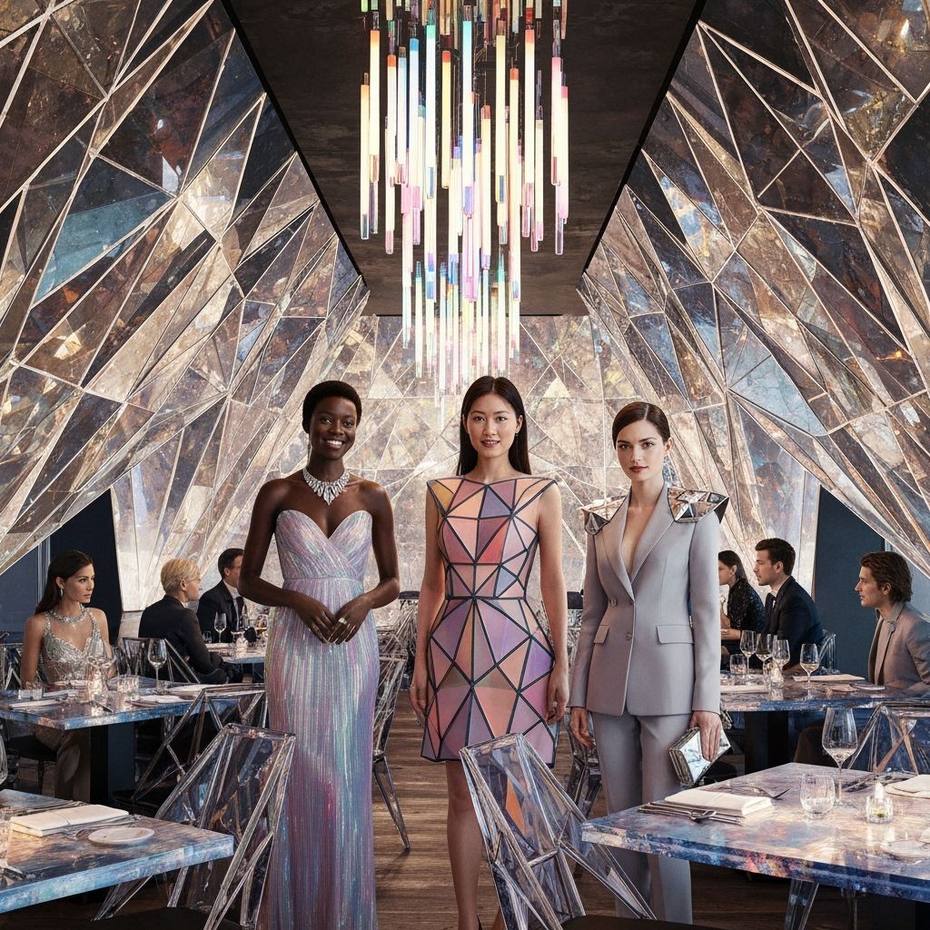 Futuristic Crystal Restaurant Interior with Elegant Diners