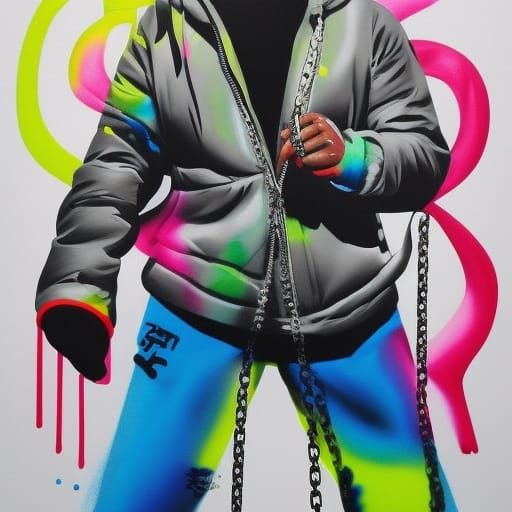 man rapper in puffer jacket with chain and doing a symbol with his hands with backwards cap