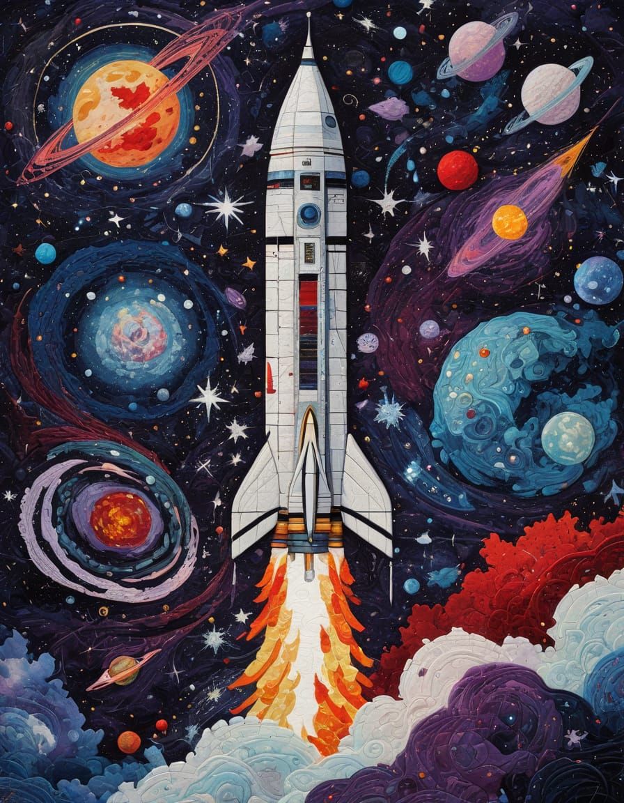 A richly textured painting of a rocket ship crafted from pat...