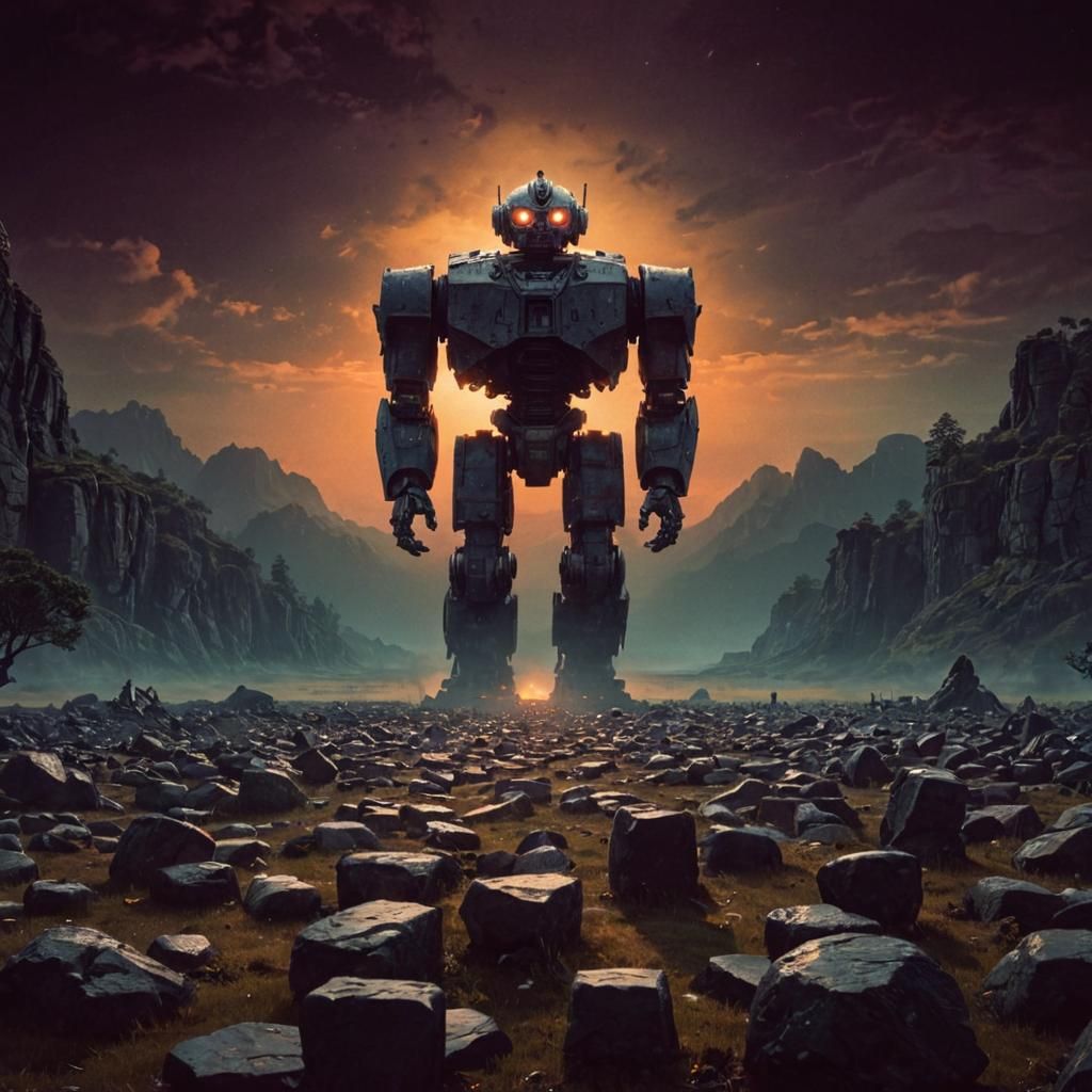 Ancient Robot Sentinel in Dark Fantasy Landscape