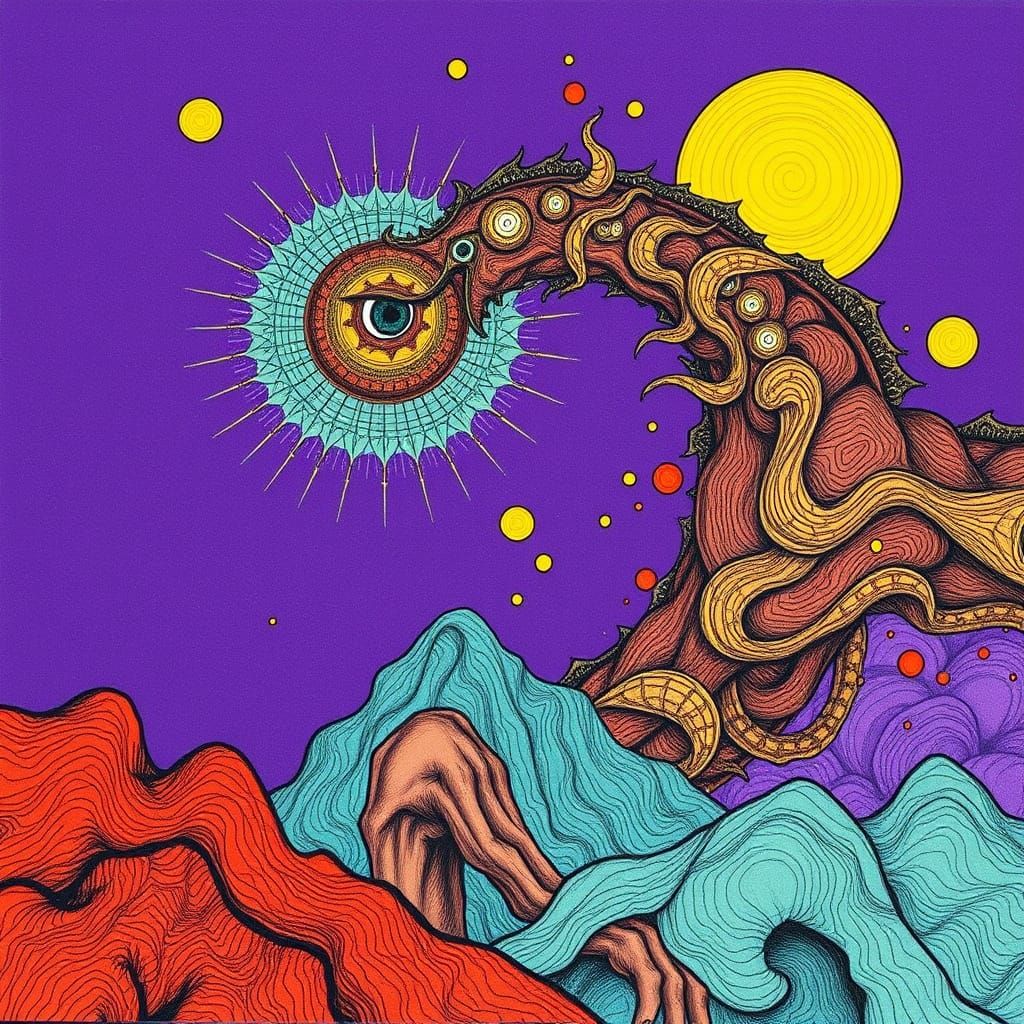 Surreal Ukiyo-e Pen Drawing in Vibrant Colors