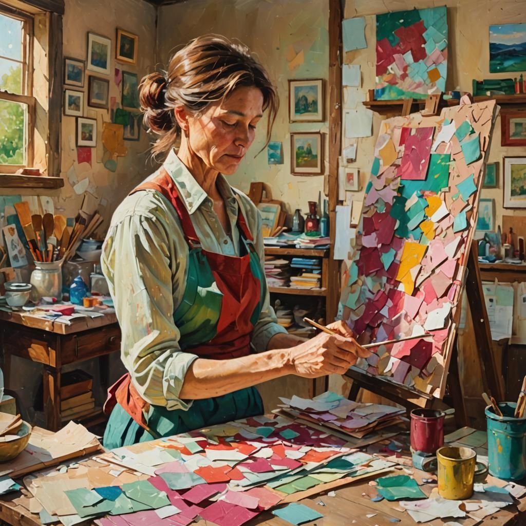 Woman Making Paper Collage in Impressionistic Style