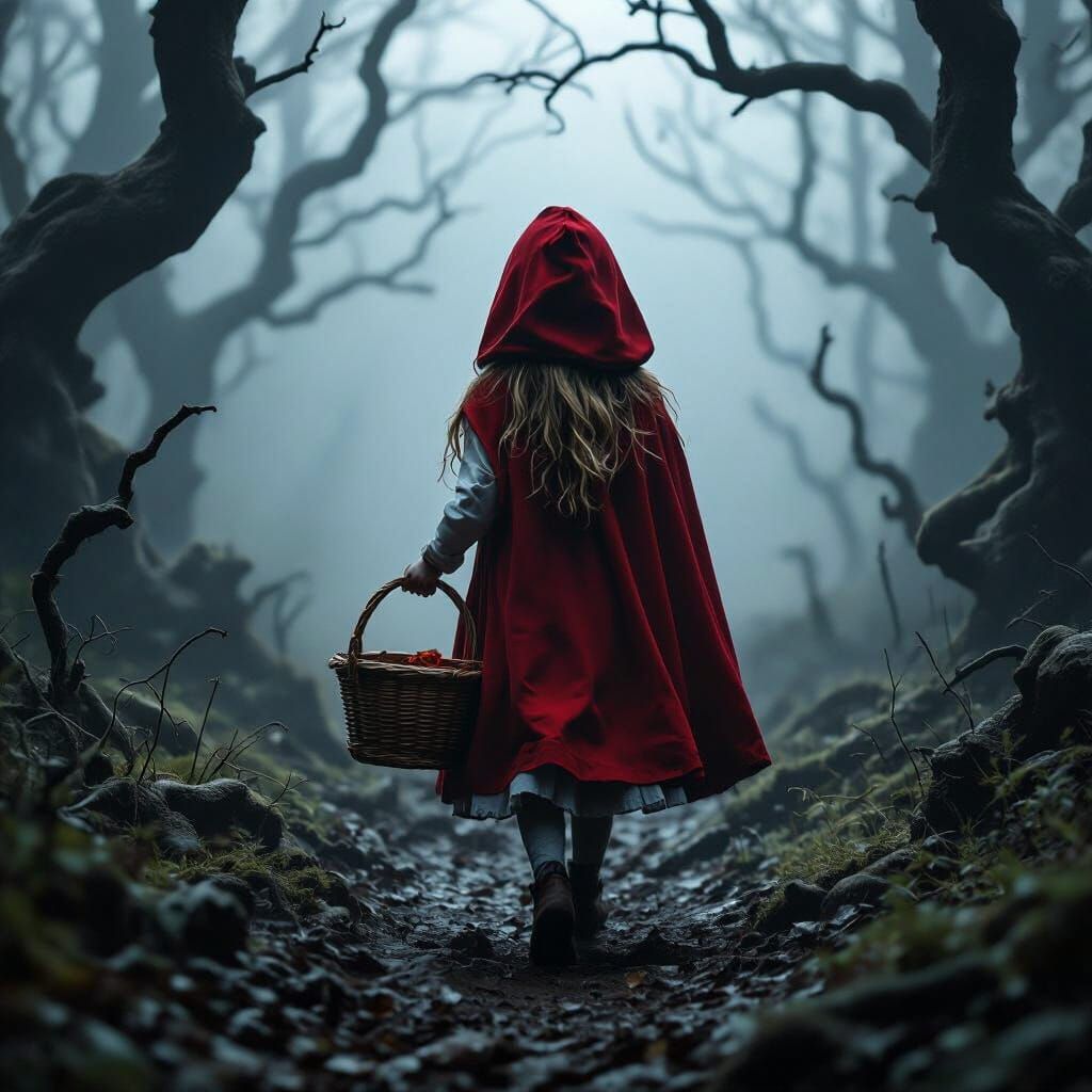 Little Red Riding Hood in Foggy Forest