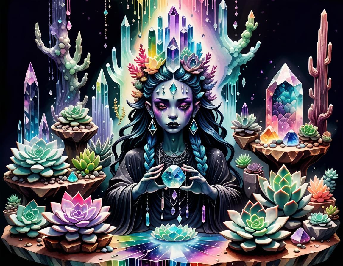 Crystals and Demoness at Altar in Pastel Goth Art