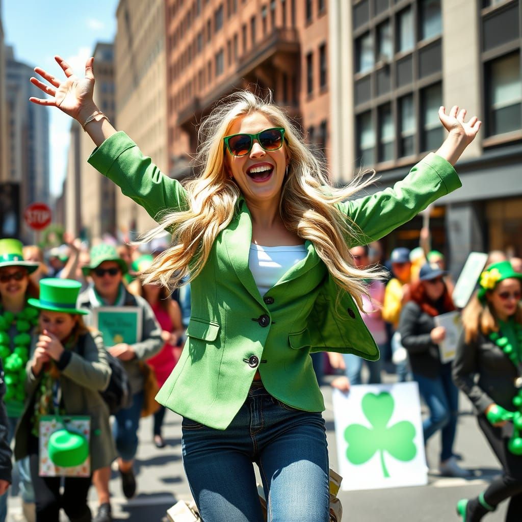 Cheerful Blond Woman Jumps in St. Patrick's Day Parade