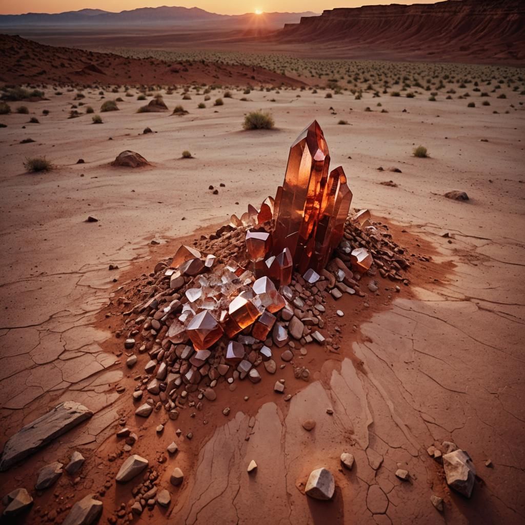 Crystalline Monoliths in Crimson Desert Sunset