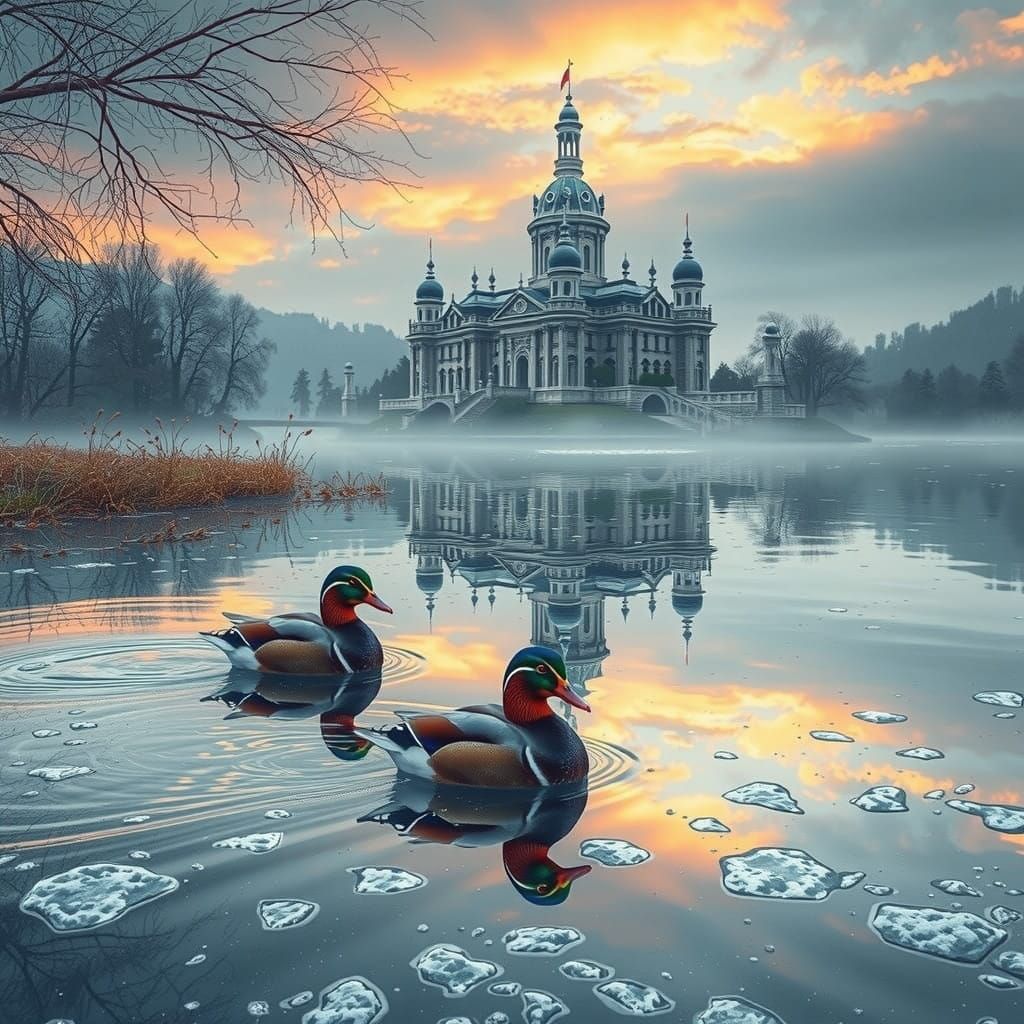 Majestic Mandarin Ducks in Winter-to-Spring Wonderland