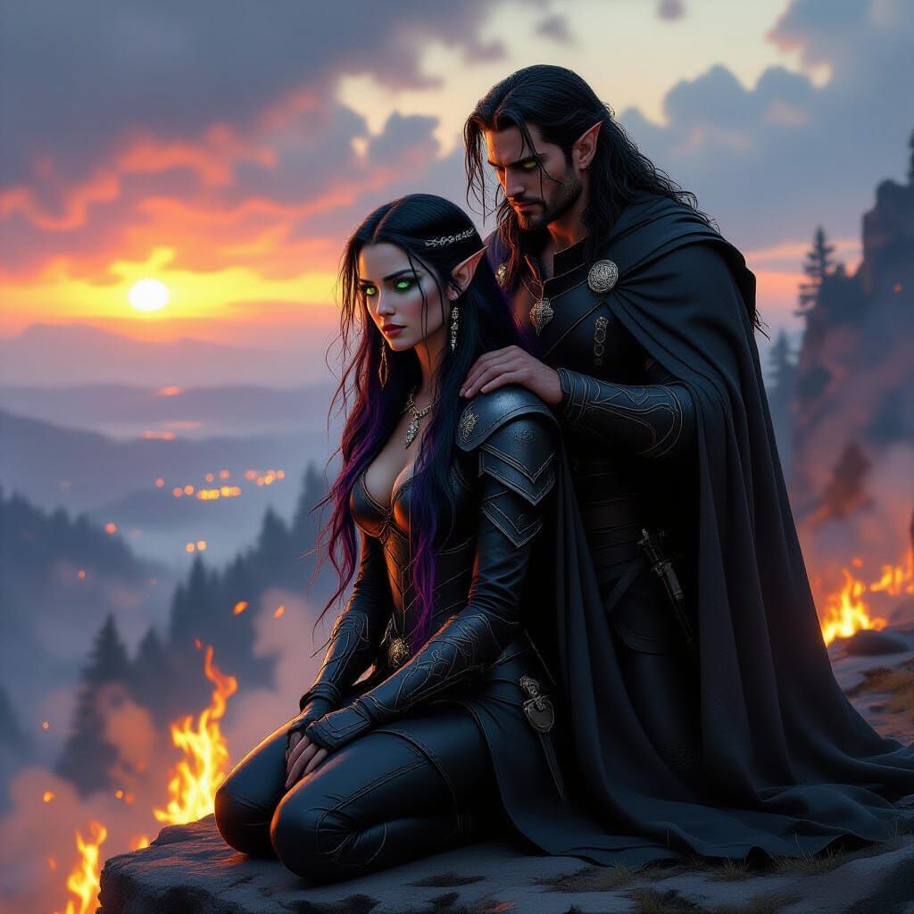 Elven Woman Kneels by Burning Forest