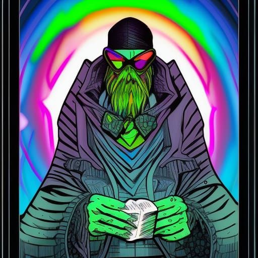 Neon Rubik's Cube Wizard with Dragon, Comic Art