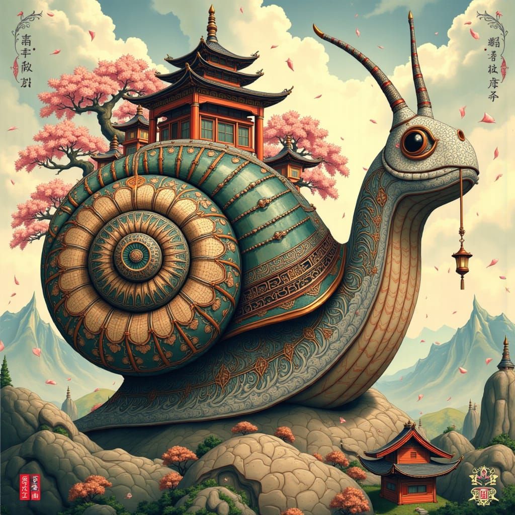 Medieval Illuminated Snail in a Whimsical Oriental Village