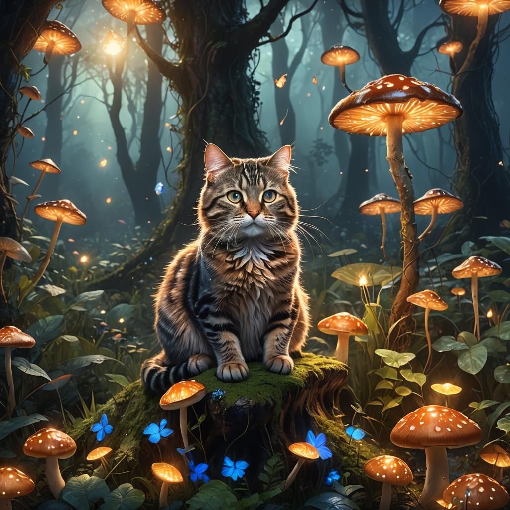 Tabby Cat in Whimsical Forest Concept Art