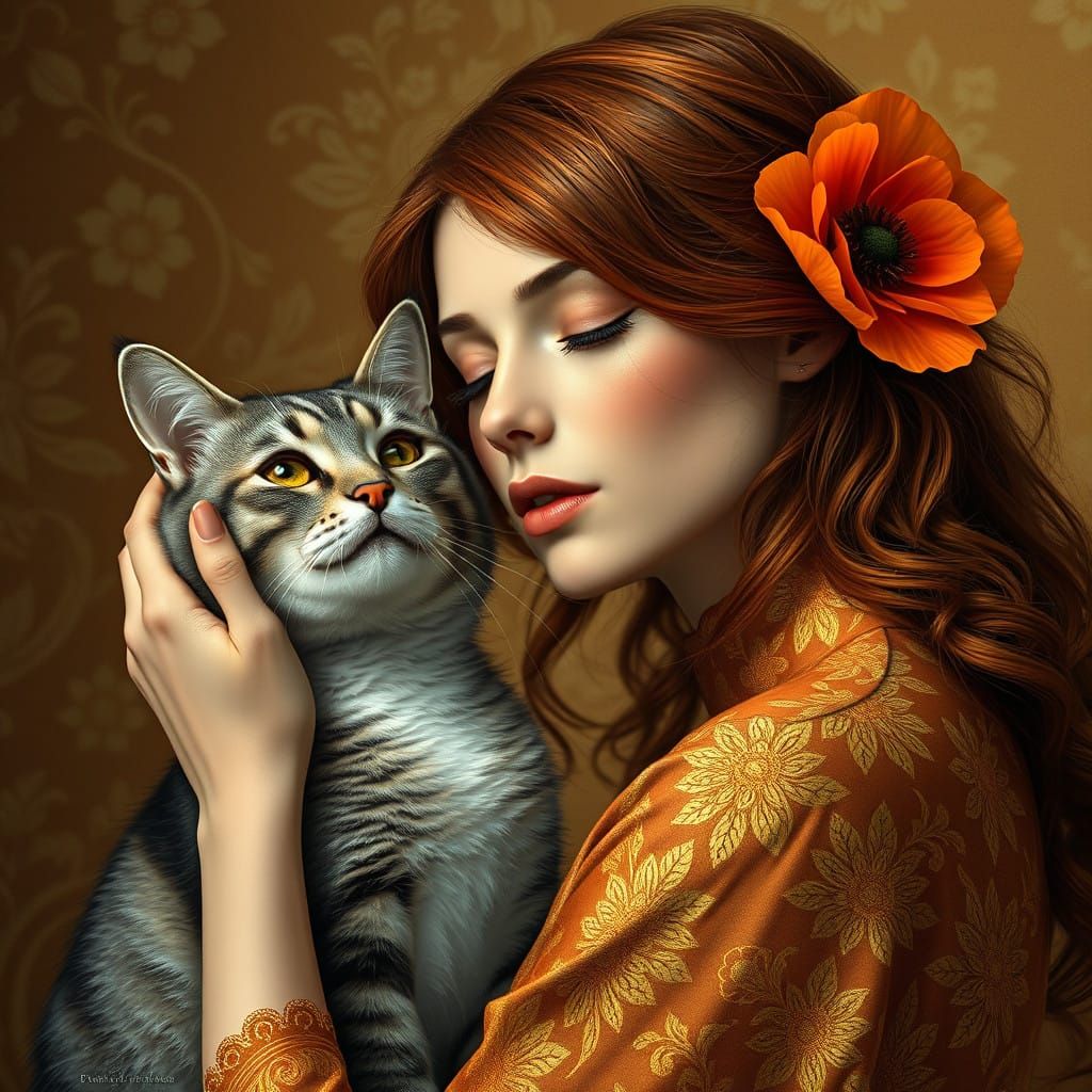 Serene Woman with Cat in Golden Florals