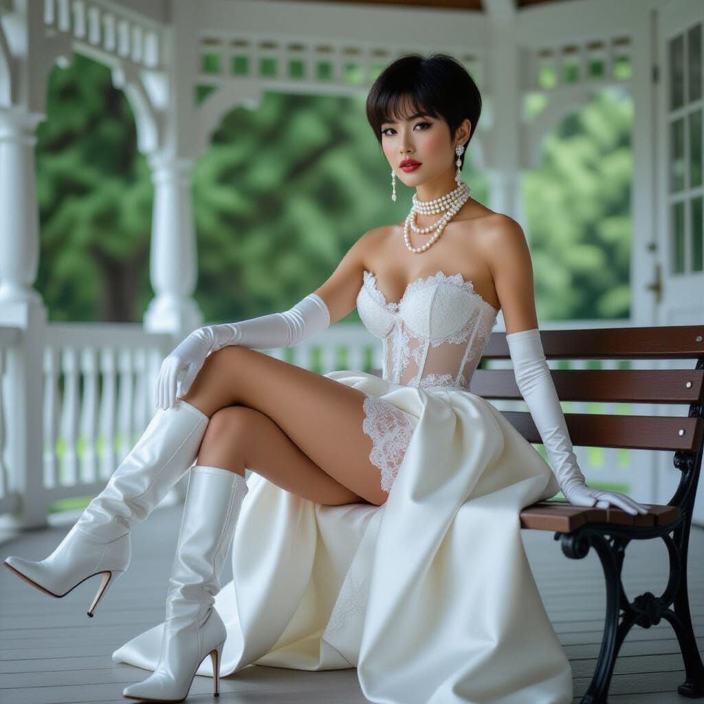 Elegant Woman in Pearls and Lace Under Gazebo