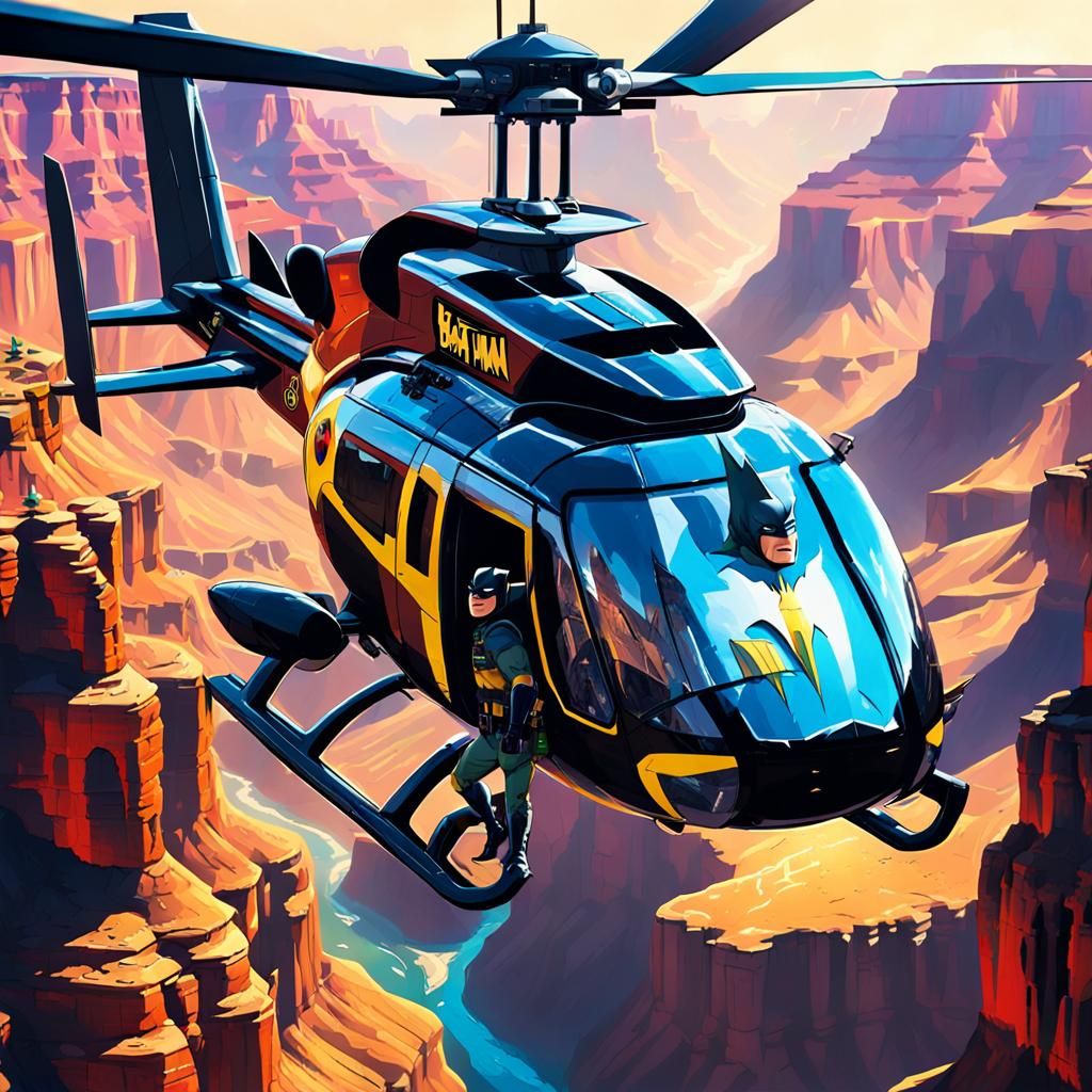 Batman and Robin in a helicopter in the Grand Canyon 8k resolution concept art intricately detailed complementary colors...