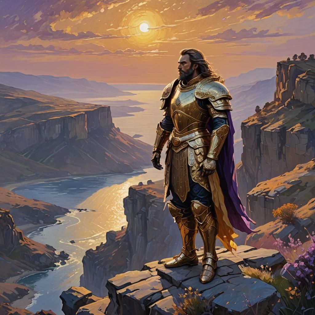 Regal Figure Overlooking Mystical Landscape as Impressionist...