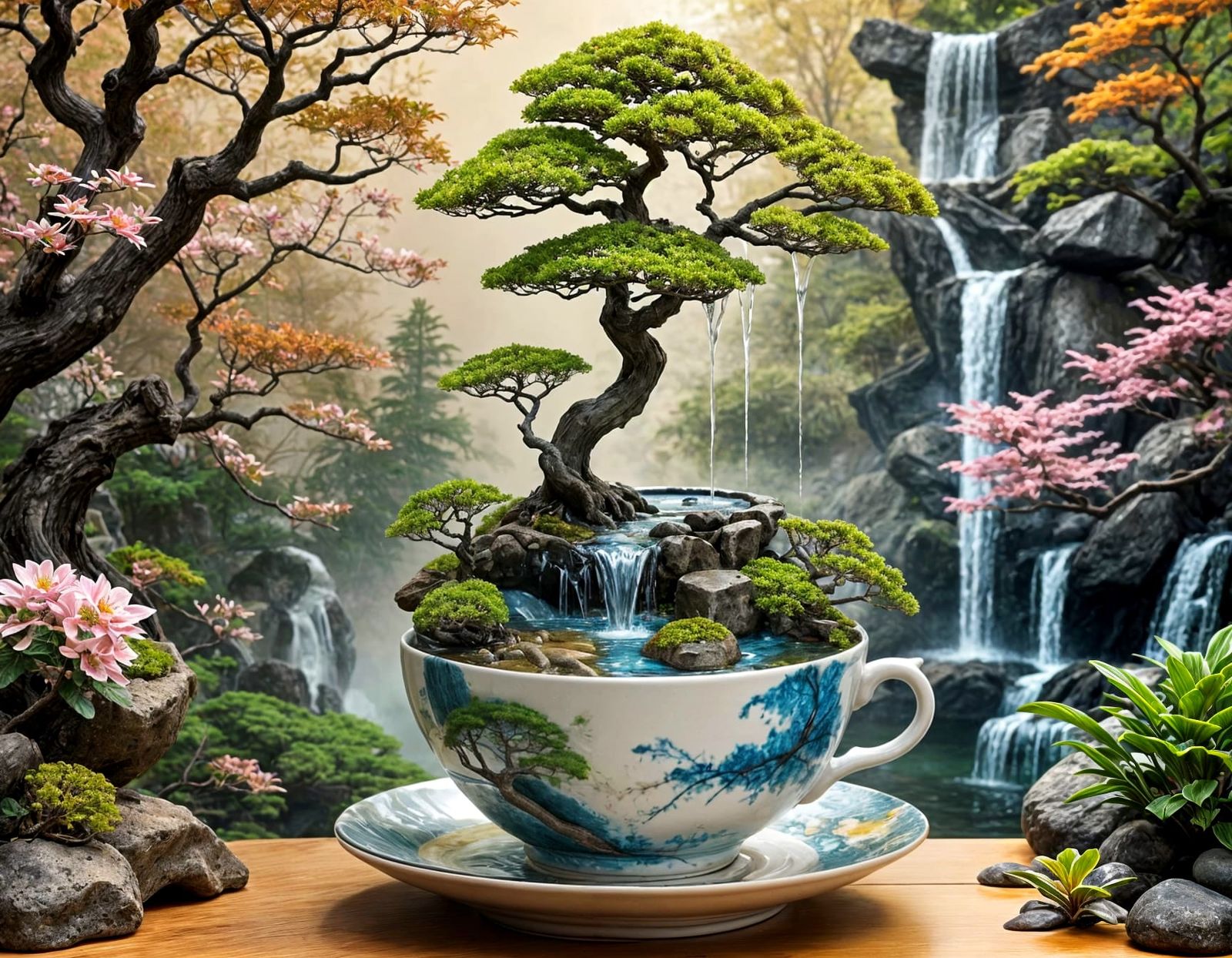 Hyperrealistic Bonsai Tree in Teacup with Waterfalls