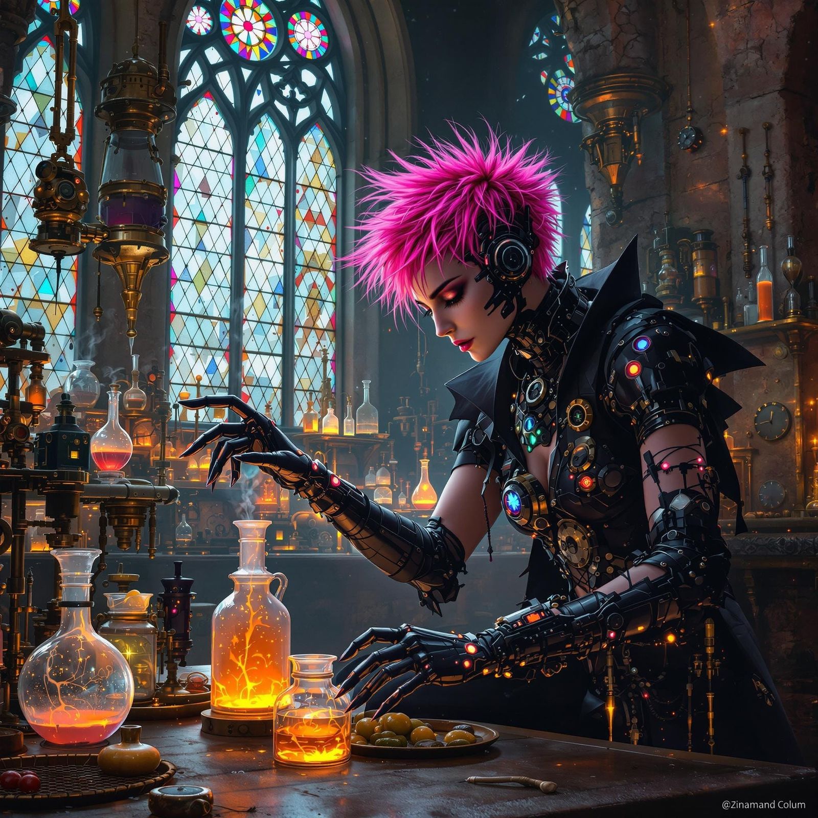 Gothic Cyborg Alchemist in Steampunk Laboratory