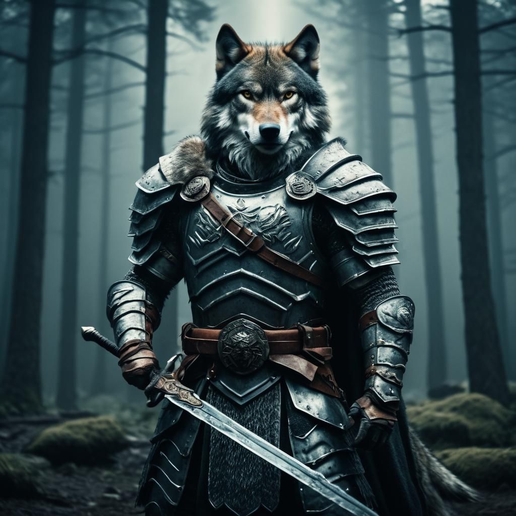 Armored Wolf Warrior with Sword in Cinematic Style