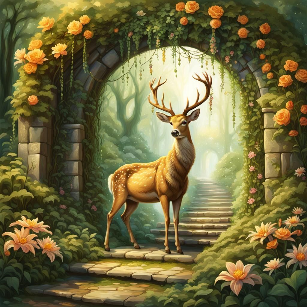 Magical Portal Beckons Deer in Dreamlike Art Nouveau Oil Pai...