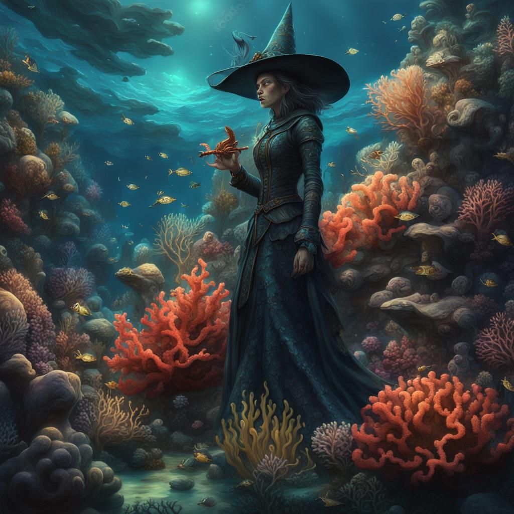Underwater Sea Witch in Coral Reef: Digital Painting
