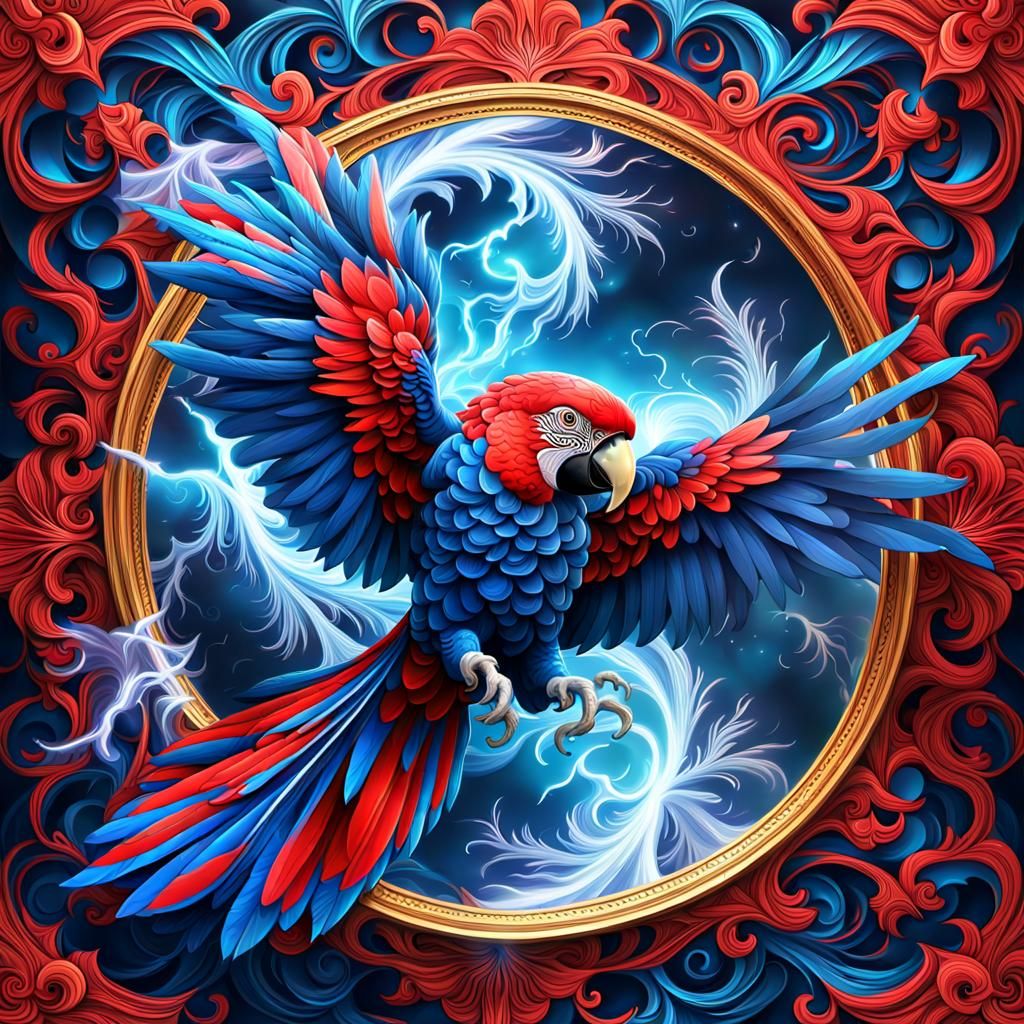 Magical Parrot Shatters Lightning Mirror in Fantasy Art