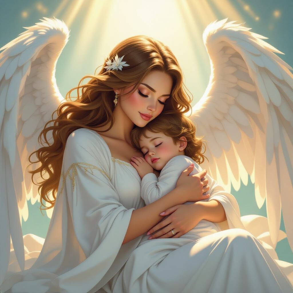 Angel Cradling Child in Comic Book Style