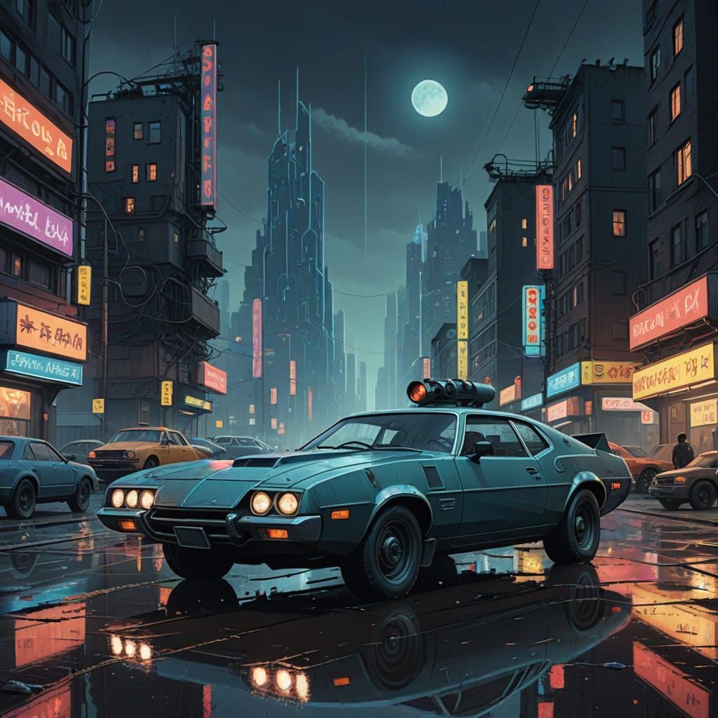 Cyberpunk Cityscape with Futuristic Car