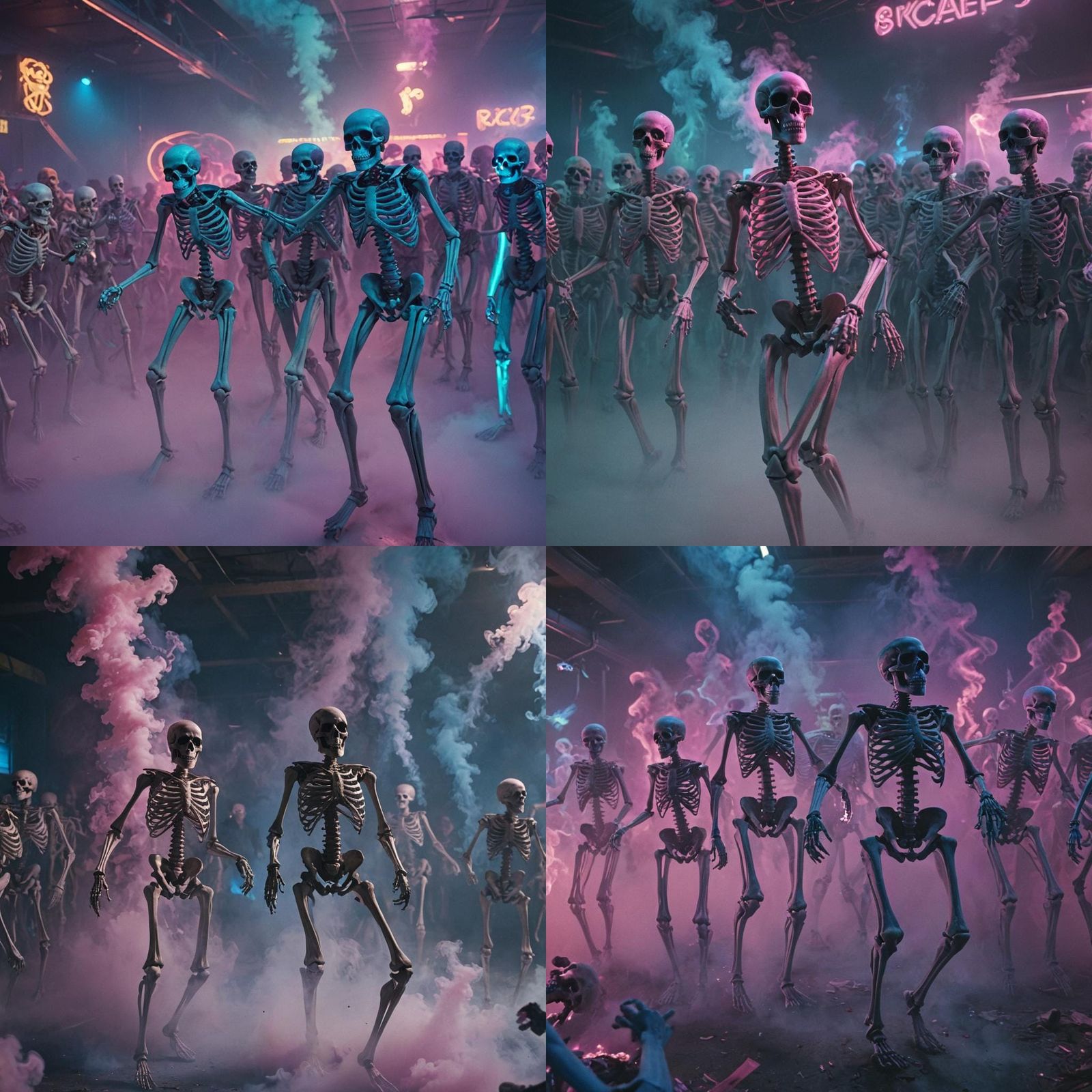 Skeletons Rave Dancing in Neon Cinematic Still