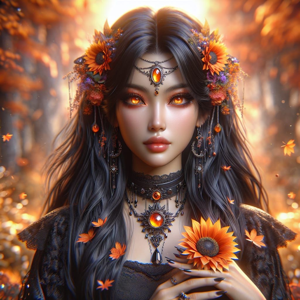 Gothic South Asian Beauty with Sunflowers in Fantasy Art
