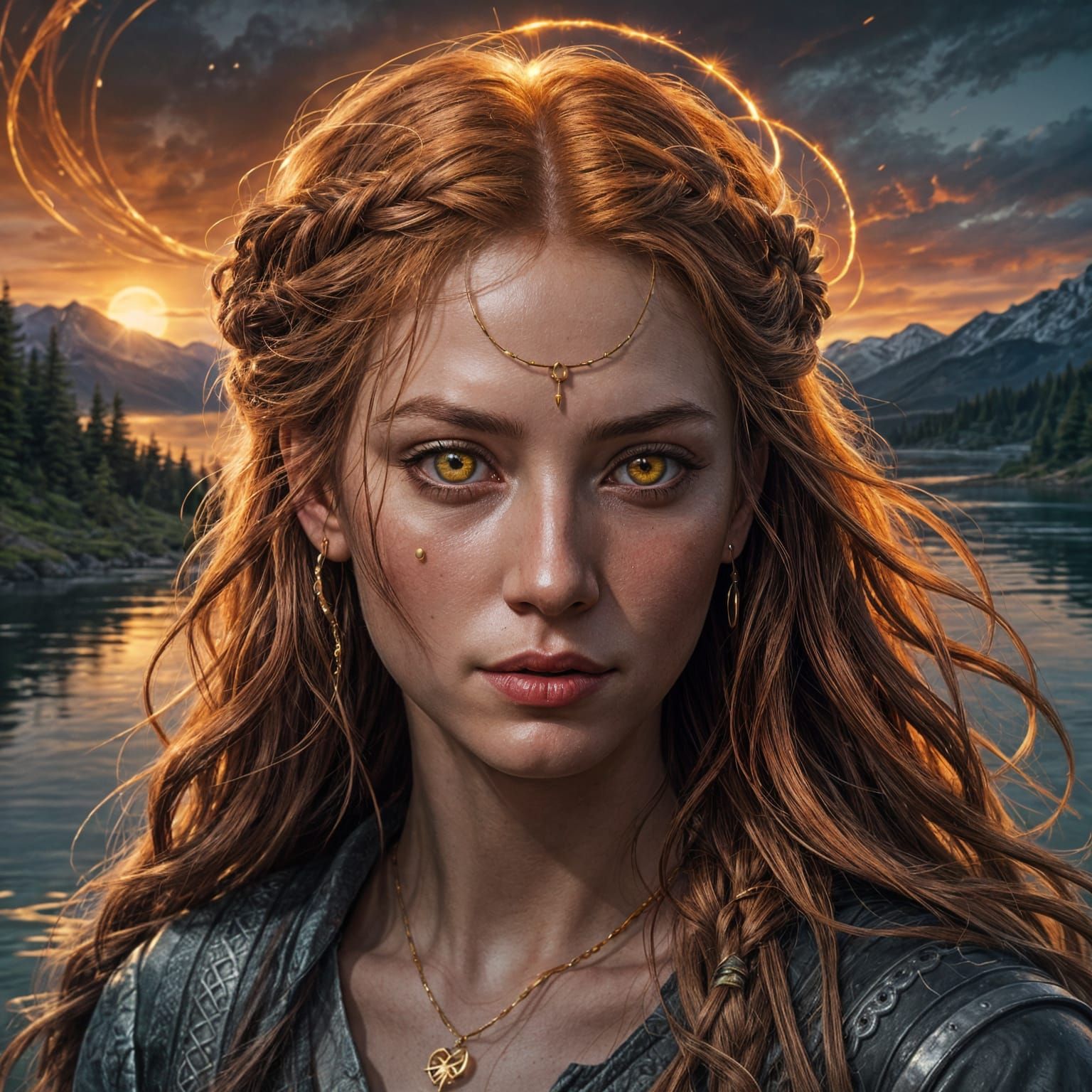 Woman on Lake with Red Halo, Anime Style