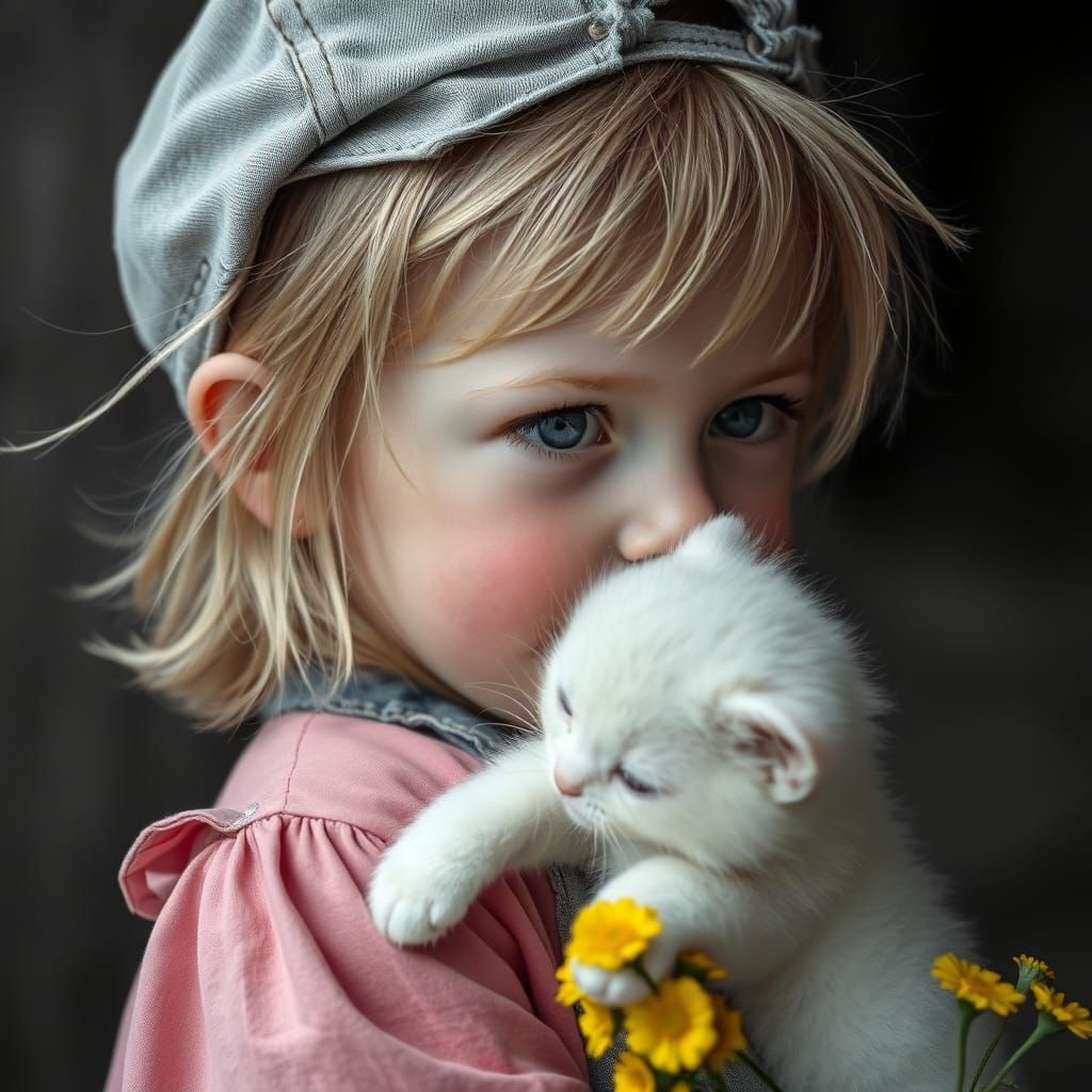 Intimate Portrait of a Young Girl with Kitten