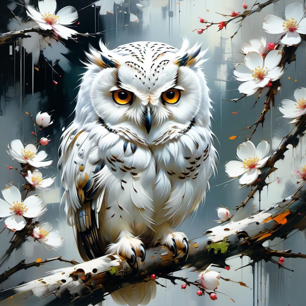 Cute White Owl in Blossoming Tree: Matte Painting