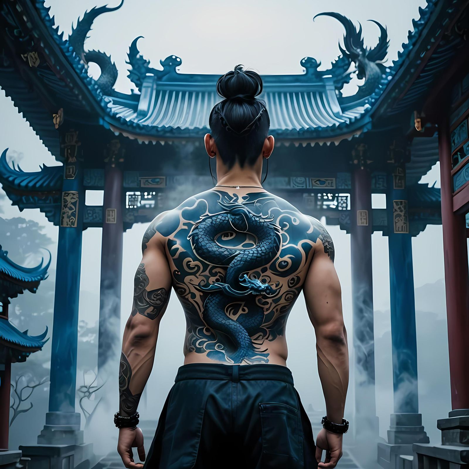 Asian Man with Dragon Tattoo in Misty Temple