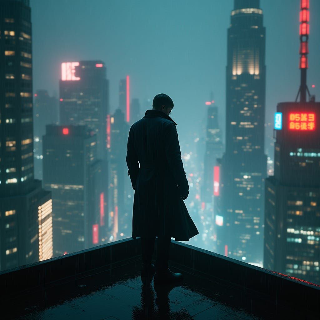 Futuristic Assassin Dominates Cyberpunk Cityscape