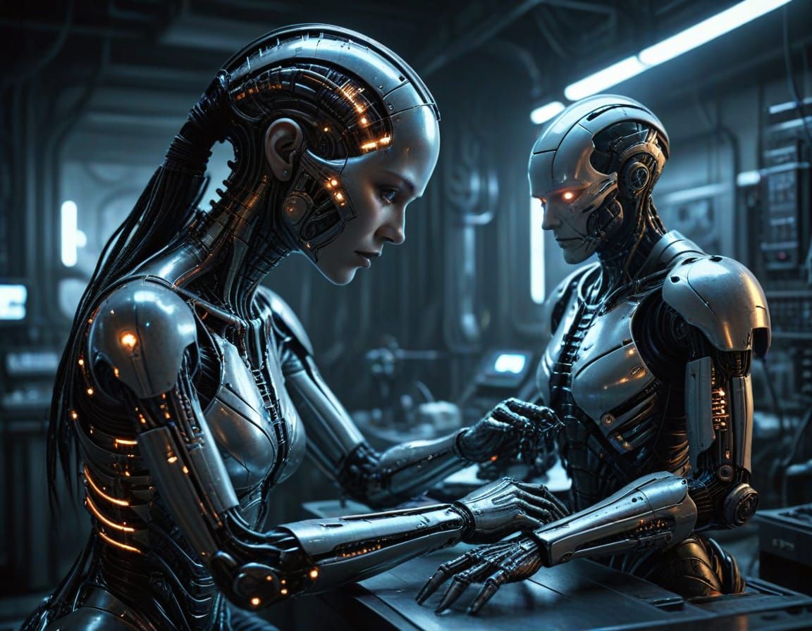 Cyberpunk Female Cyborg in High-Tech Repair Lab