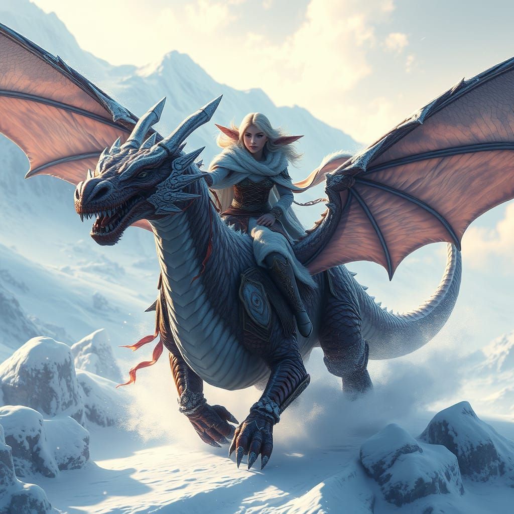Ethereal Elf Dragon Rider Soars Through Winter Wonderland